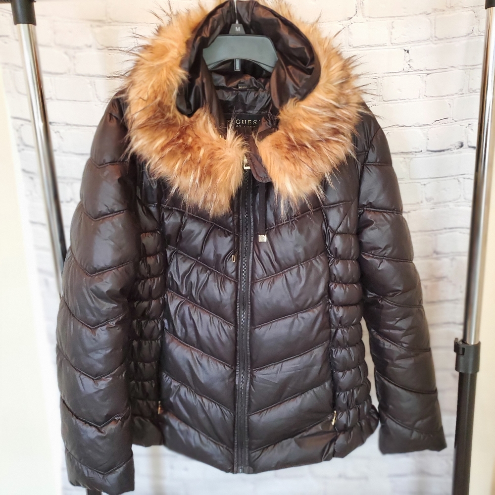 GUESS winter coat  XXL 2X Black with puffer jacket fur